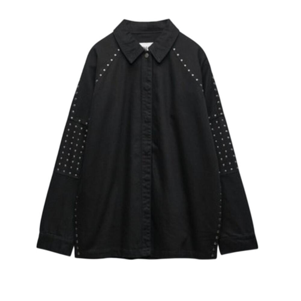 Zara Black Studded Denim Oversized Jacket, Size M